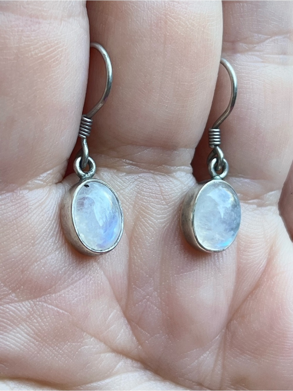 Vintage Sterling Silver Moonstone Drop Earrings - White/Blue Iridescent